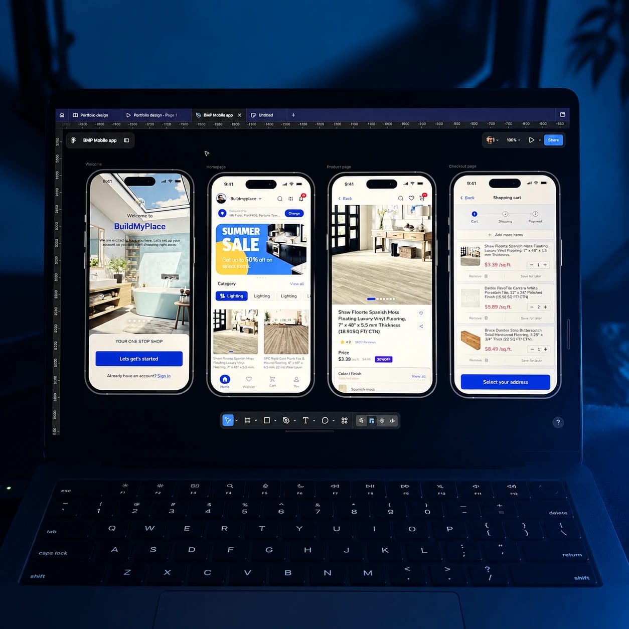 The BuildMyPlace app shown on four phone screens