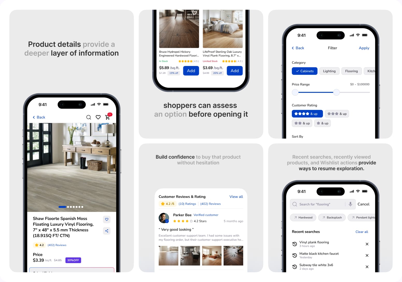 Product detail, listing cards with prices and ratings, filters, customer reviews, and recent searches