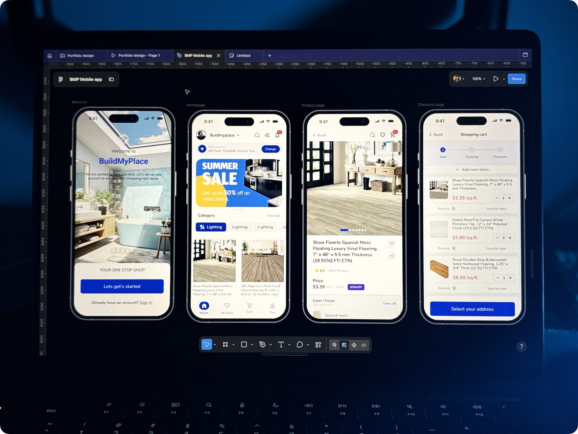 Four BuildMyPlace app screens: Welcome, Homepage, Product page and Checkout